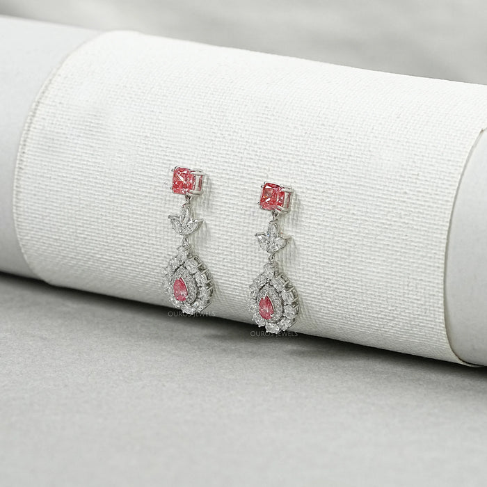 Pink Pear Cut Diamond Double Halo Earrings