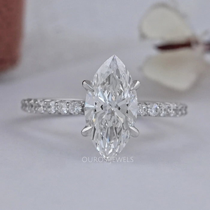 Marquise Cut Solitaire Lab Diamond Engagement Ring With Hidden Halo