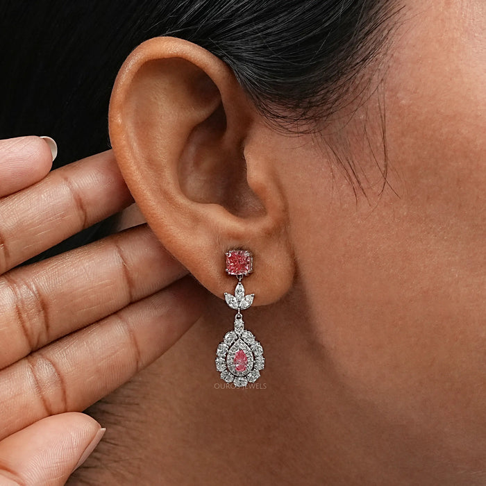 Pink Pear Cut Diamond Double Halo Earrings