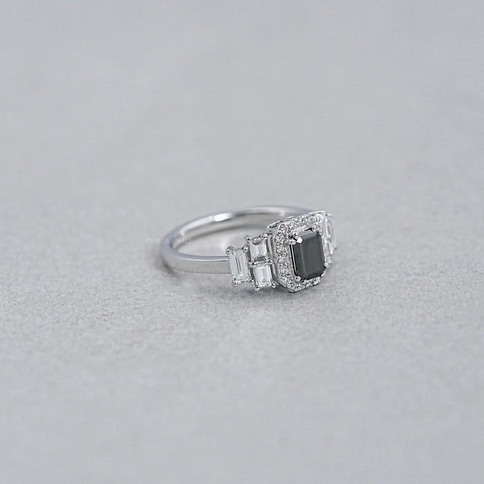 Black Emerald Cut Halo Engagement Ring