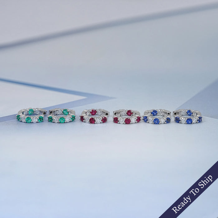 Multi Gemstone And Round Diamond In-Out Hoop Earrings