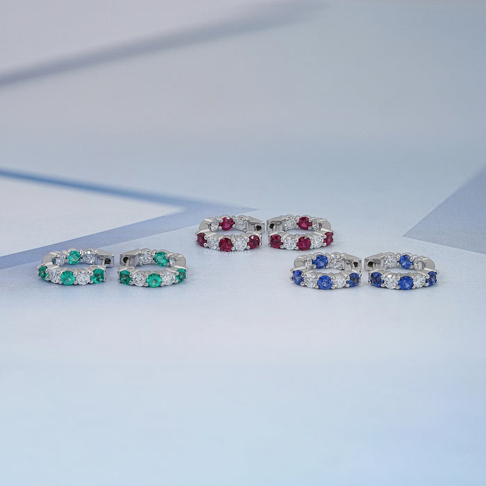 Multi Gemstone And Round Diamond In-Out Hoop Earrings