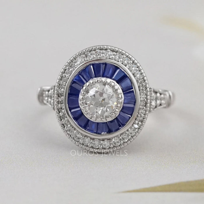 OEC Diamond with Blue Tapered Baguette Double Halo Ring