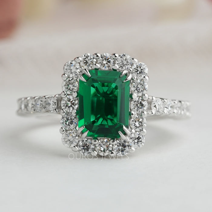 Halo Setting Green Emerald Cut Diamond Wedding Ring