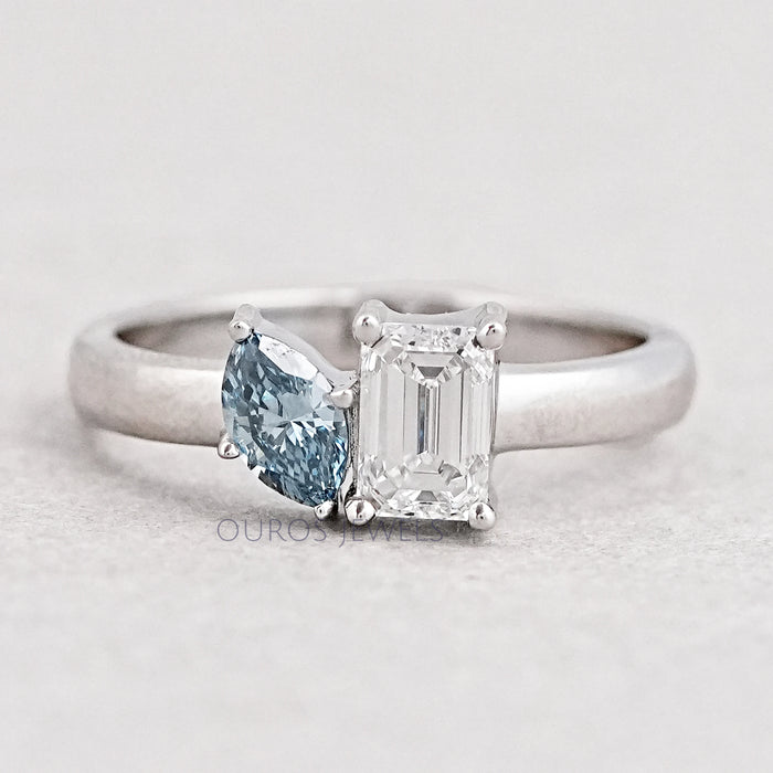 Toi Et Moi Ring with Emerald and Marquise Cut Diamond