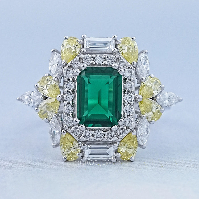 Double Halo Green Emerald Diamond Engagement Ring