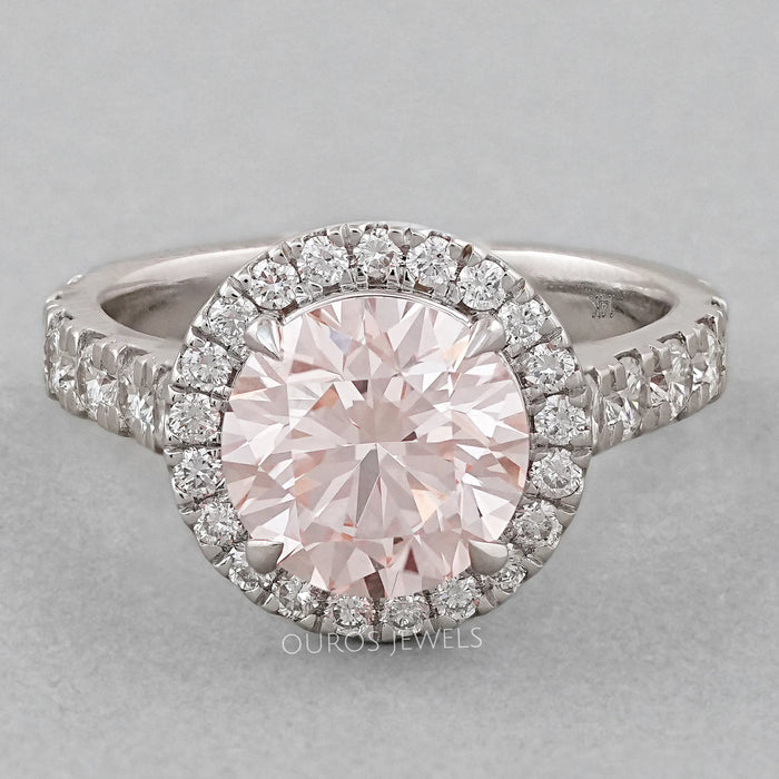 Pink Round Cut Lab Diamond Halo Ring With Diamond Accent