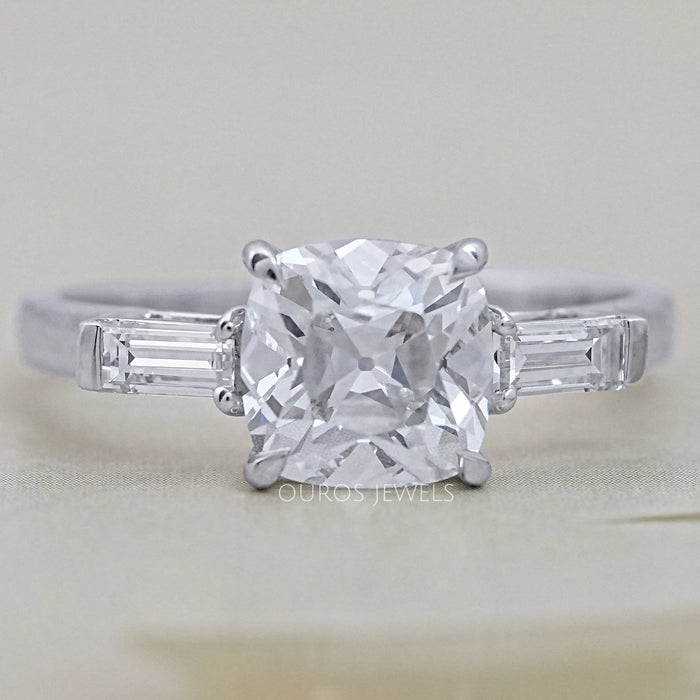 Square Old Mine Cushion Cut Lab Diamond Three Stone Ring