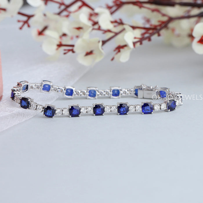 Blue Sapphire Round Diamond Tennis Bracelet