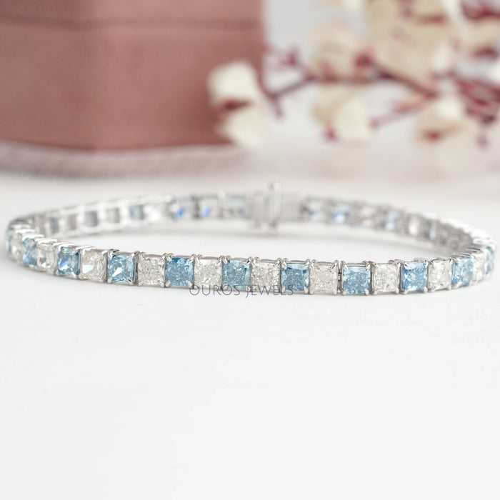Blue & White Cushion Diamond Tennis Bracelet