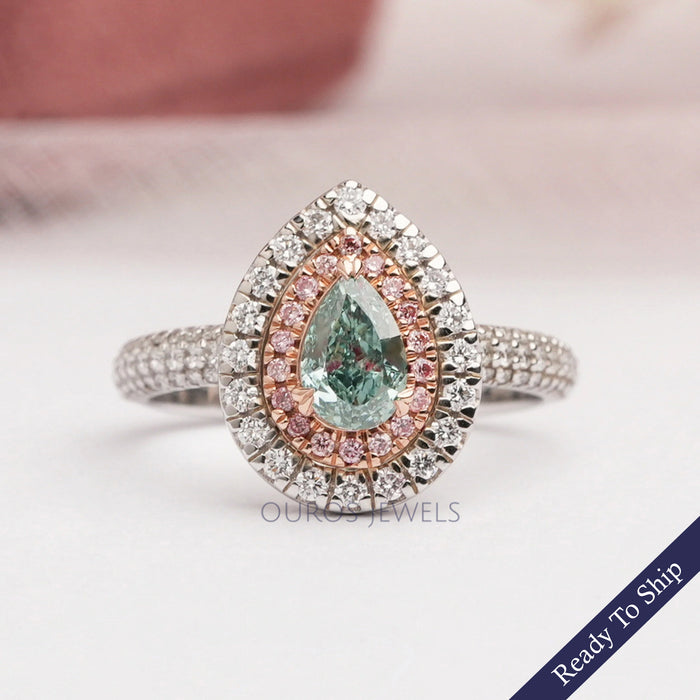 Fancy Vivid Green Pear Cut Lab Diamond Halo Ring