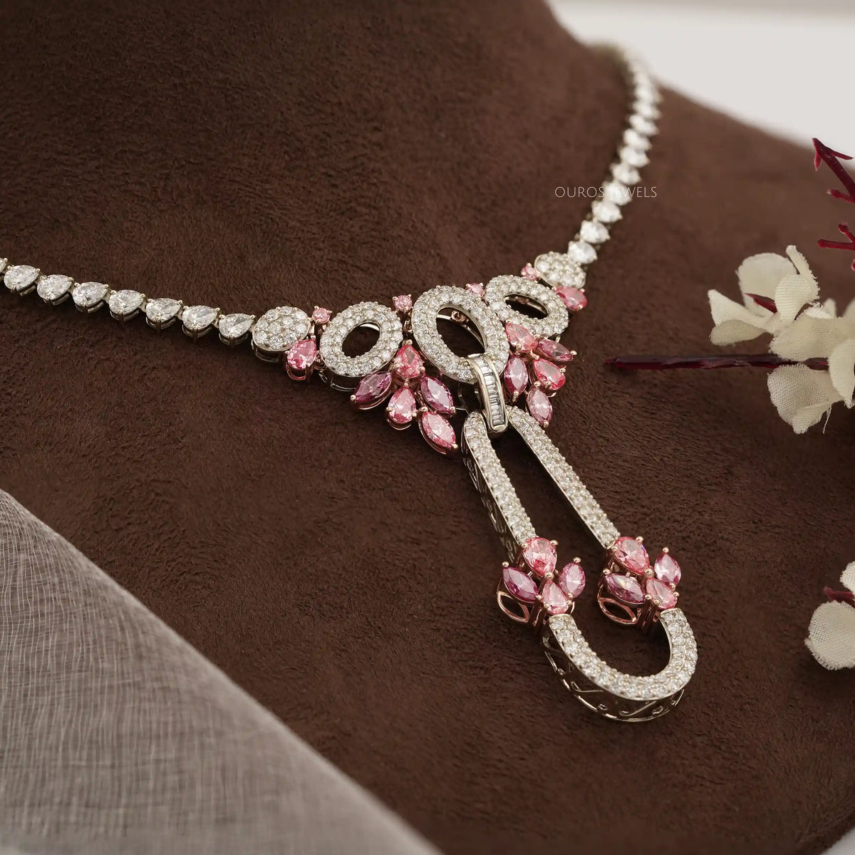 Pink Pear And Marquise Diamond Cluster Bridal Necklace Necklaces