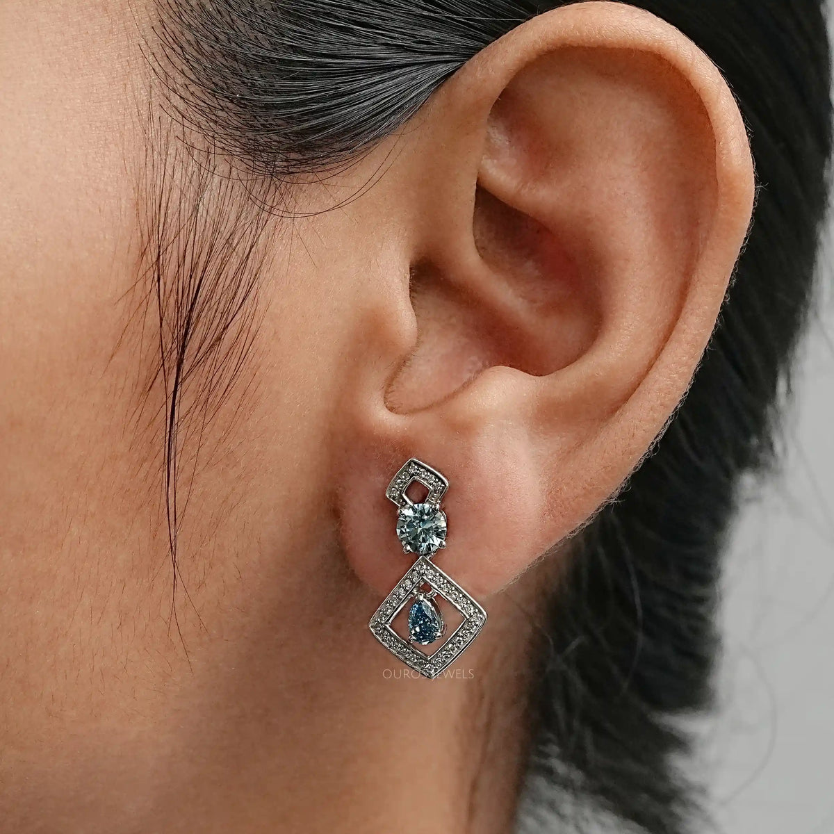 Blue Pear And Round Lab Diamond Drop Earrings Earrings