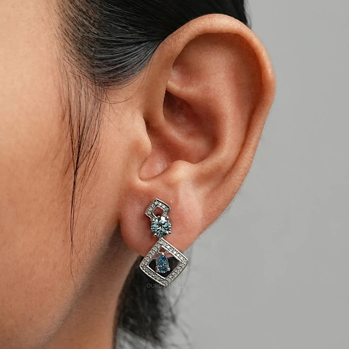 Blue Pear And Round Lab Diamond Drop Earrings Earrings