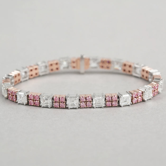 Asscher Cut Pink Round Diamond Tennis Bracelet