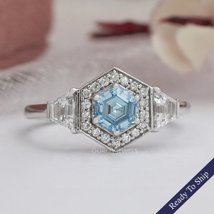 Blue Hexagon Cut Lab Diamond Three Stone Halo Ring