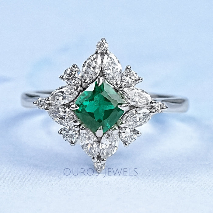 Lab Green Cushion Shape Halo Gemstone Ring