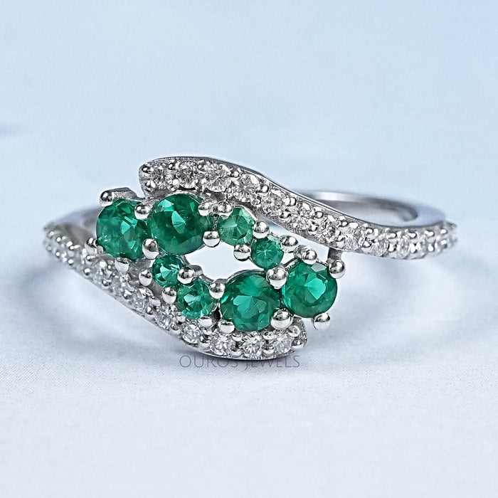 Emerald Gemstone Cluster and Lab Diamond Bypass Ring