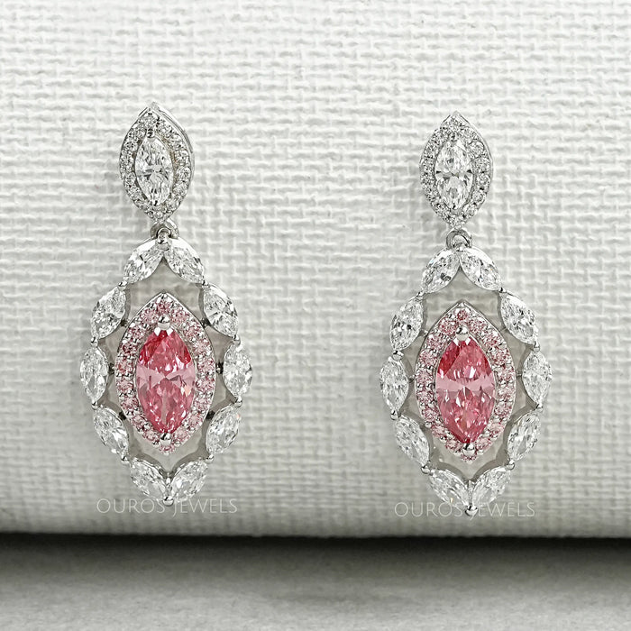 Pink Marquise Shape Double Halo Earrings