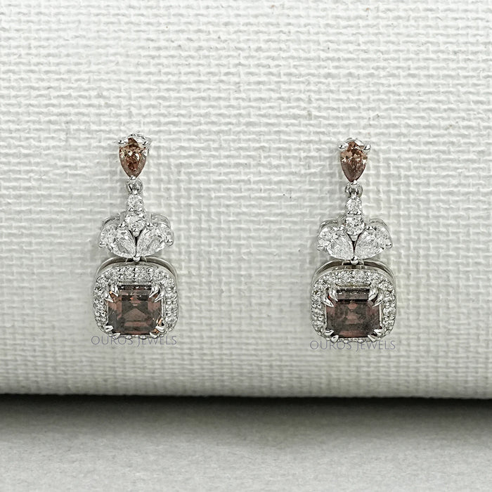 Brown Asscher Cut Halo Drop Earrings