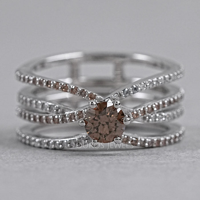 Brown Round Diamond Crossover Ring
