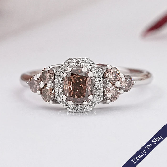 Brown Cushion Cut Lab Diamond Halo Engagement Ring