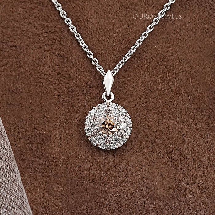Round Shape Brown Diamond Solitaire Halo Pendant