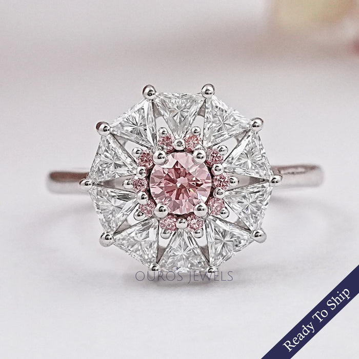 Fancy Pink Round Cut Lab Diamond Halo Ring