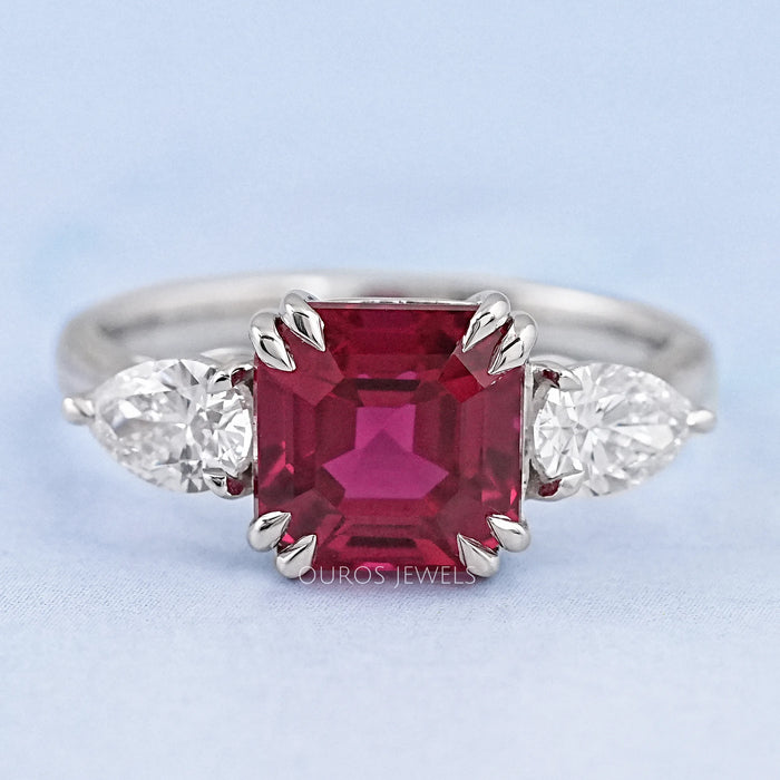 Ruby with Diamond Three Stone Ring