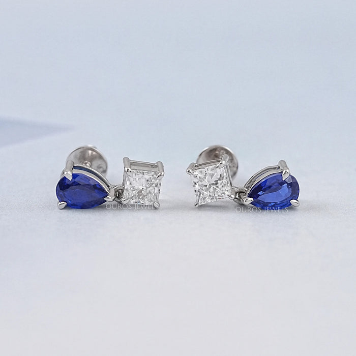 Pear Sapphire And Princess Diamond Two Stone Earring