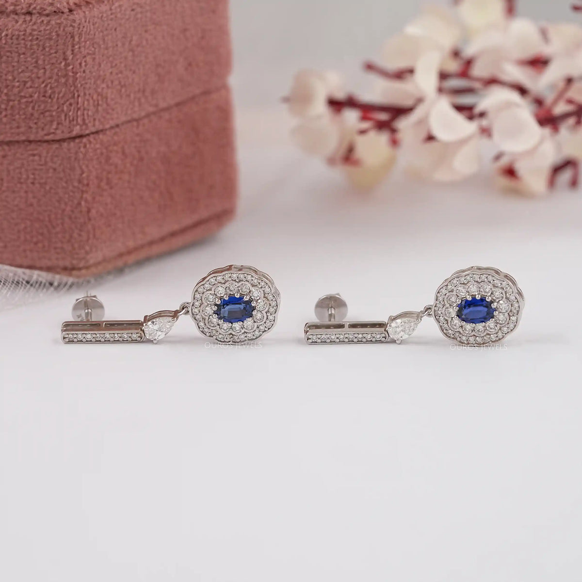 Sapphire Oval Gemstone And Double Halo Drop Earrings Earrings