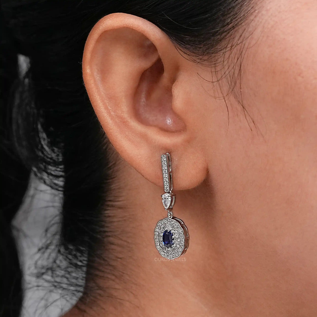 Sapphire Oval Gemstone And Double Halo Drop Earrings Earrings