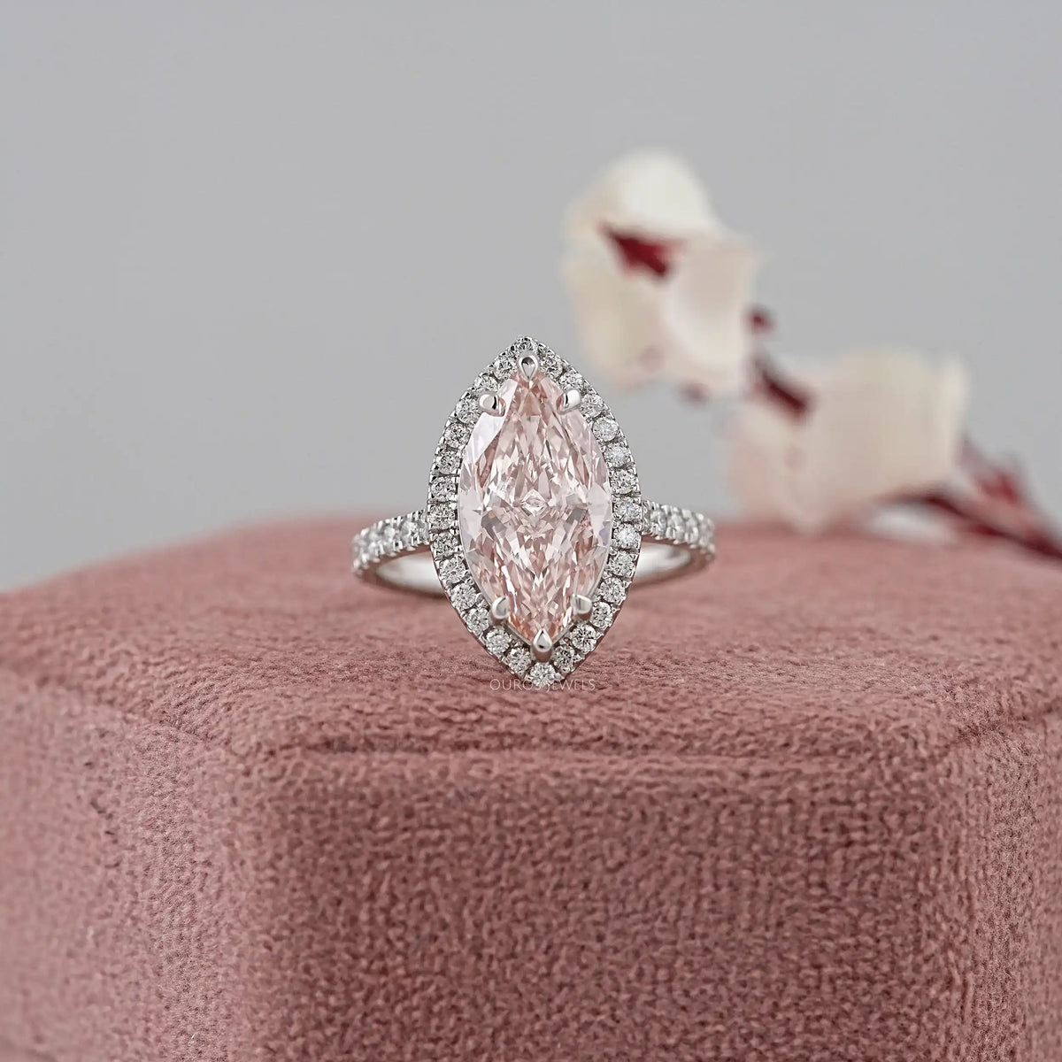 Pink Marquise Cut Lab Diamond Halo Accent Ring Ring