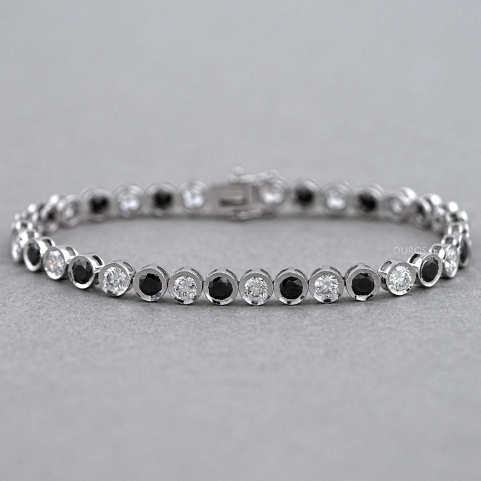 Round Black And White Diamond Bezel Set Bracelet