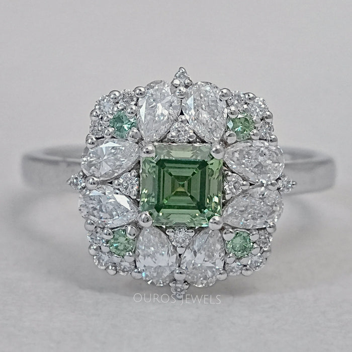 Asscher Cut Green Lab Diamond Cluster Ring