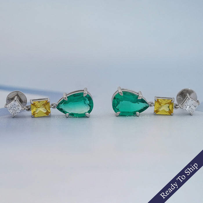 Green Pear And Yellow Radiant Diamond Drop Earrings