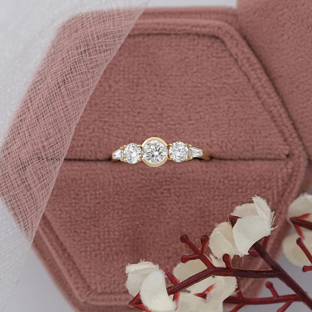 Five Stone Round And Tapered Baguette Cut Engagement Ring Rings