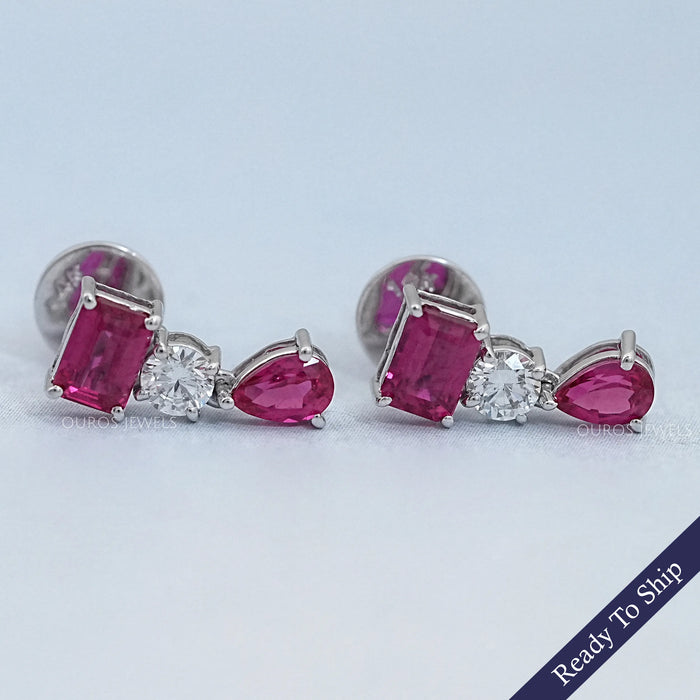 Ruby Emerald And Pear Gemstone Drop Earrings