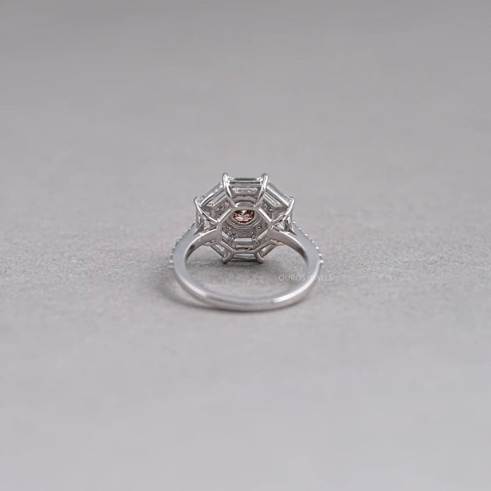 back view of brown octagon lab diamond double halo engagement ring