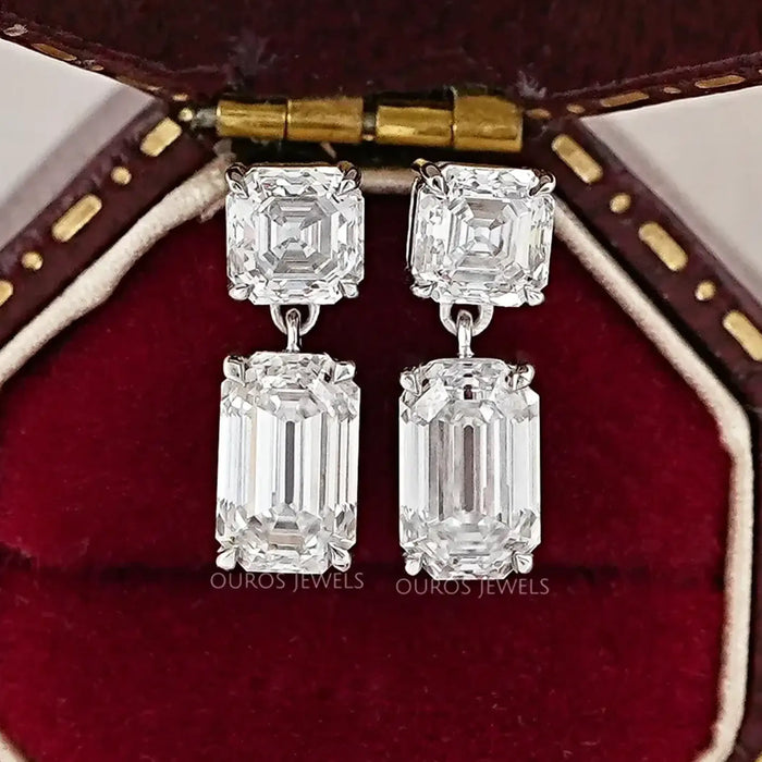 Old Mine Cut Asscher And Emerald Diamond Drop Earrings