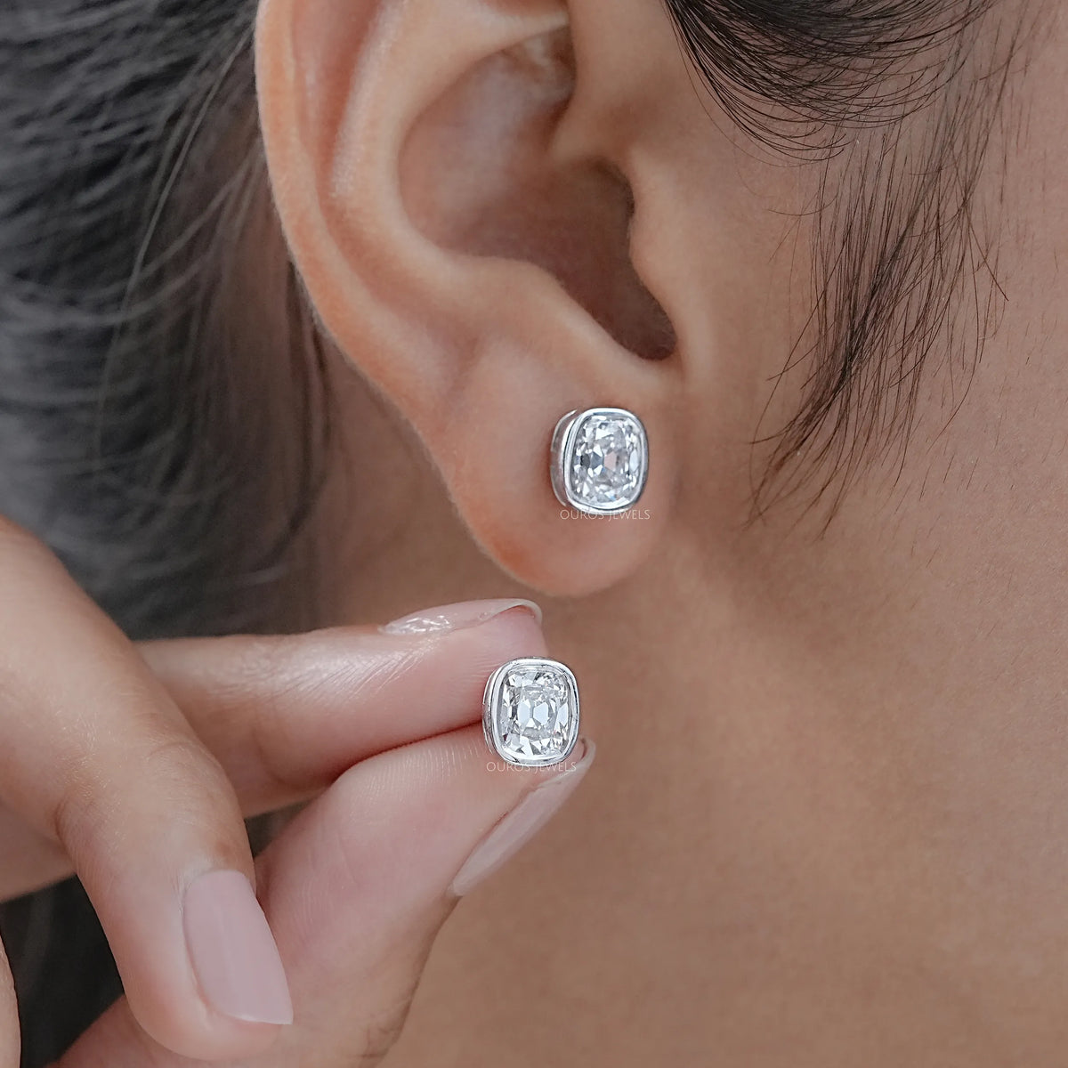 Old Mine Cushion Diamond Bezel Set Stud Earrings Earrings