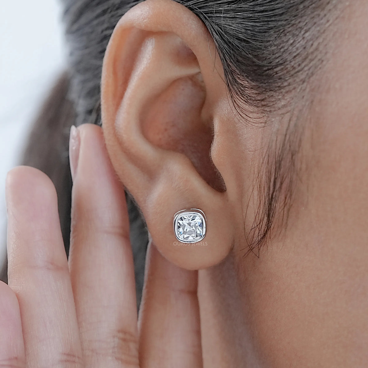 Square Old Mine Cushion Diamond Bezel Stud Earrings Earrings
