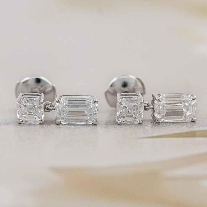 Old Mine Cut Asscher And Emerald Diamond Drop Earrings