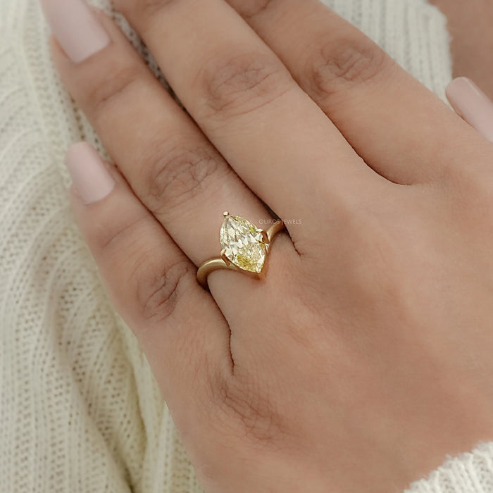 Yellow Old Mine Marquise Diamond V Shape Solitaire Ring