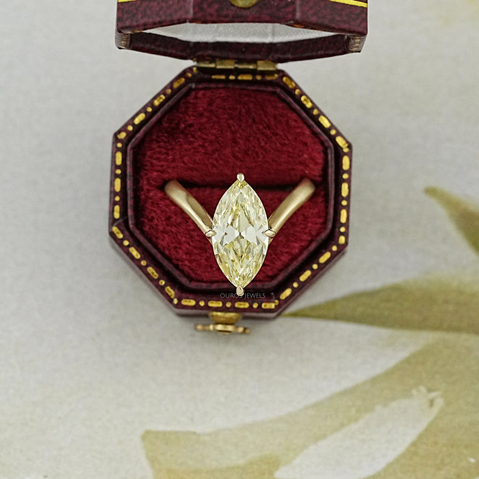 Yellow Old Mine Marquise Diamond V Shape Solitaire Ring