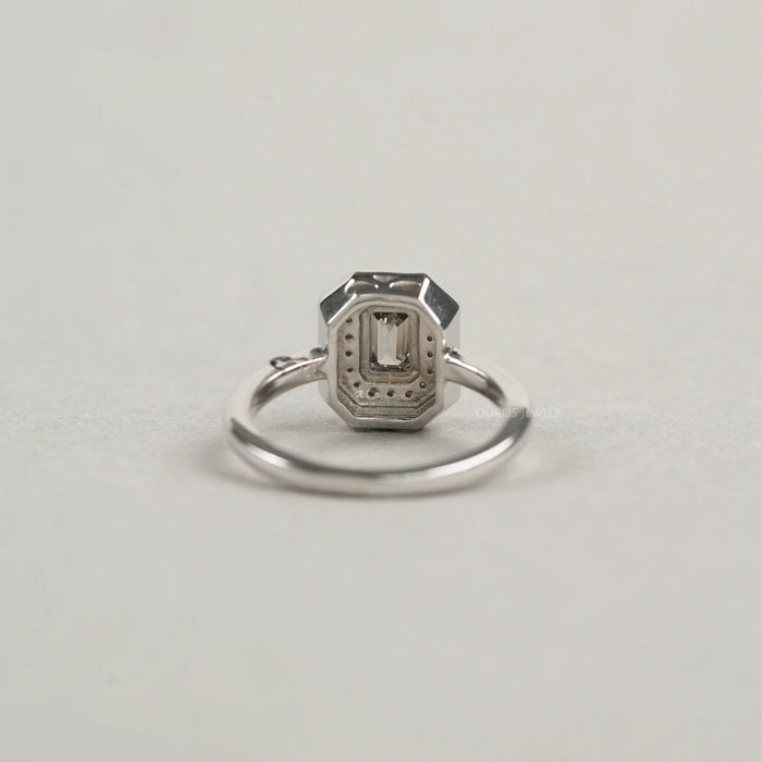 back view of olive emerald cut lab diamond double halo engagement ring