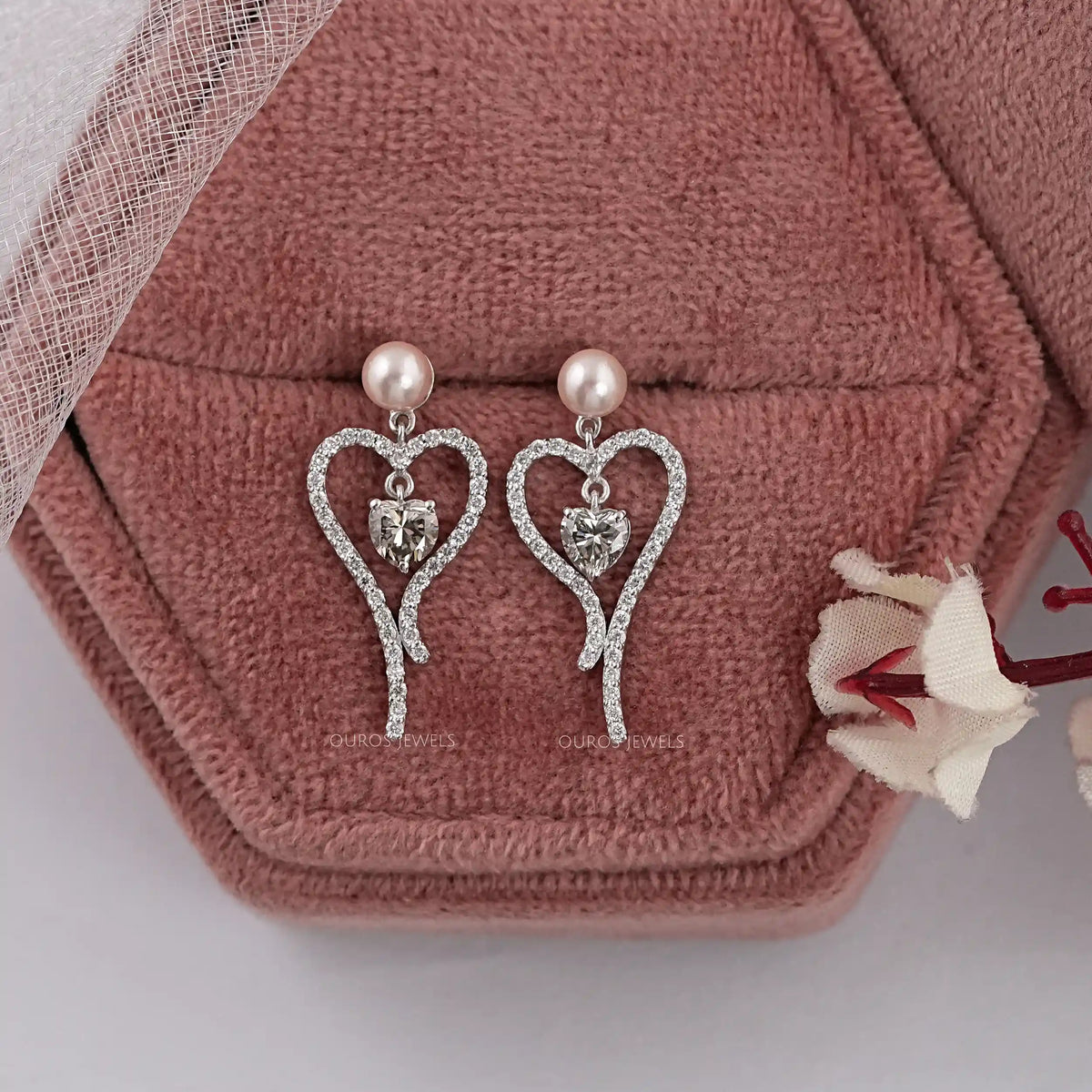 Olive Heart Diamond Pearl Drop Earrings