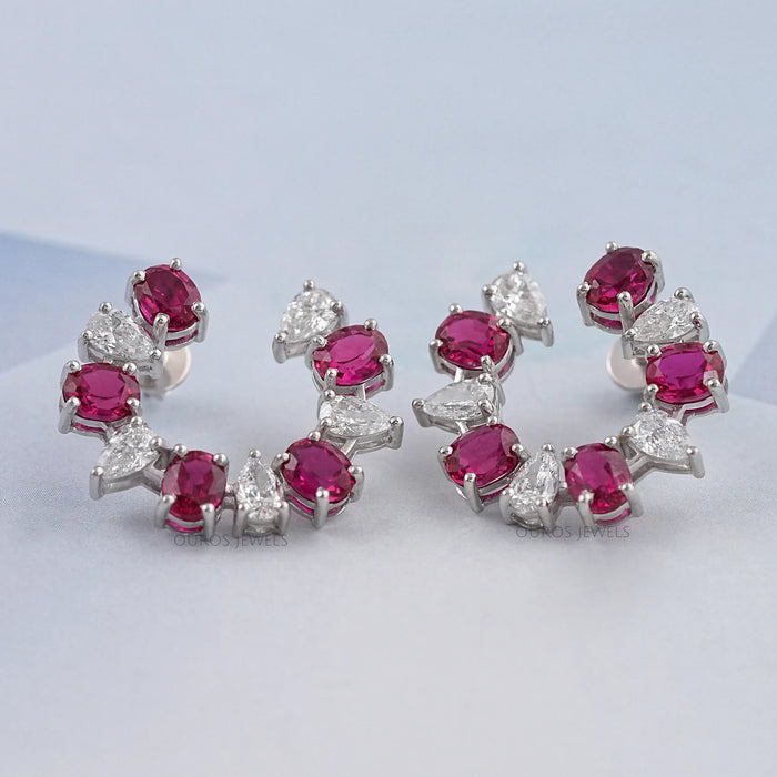 Pear and Red Oval Diamond Stud Earring