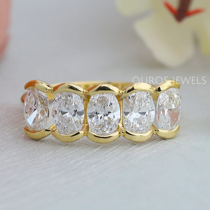 5 Oval Lab Diamond Half Bezel Set Gold Ring