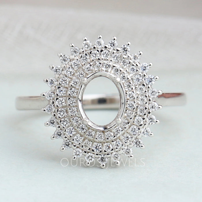 Oval Shape Semi Mount Ring with Diamond Cluster